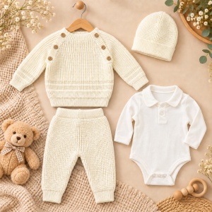 Compleu bebe 4 piese din lana naturala, pulover, pantaloni, body si caciulita, crem