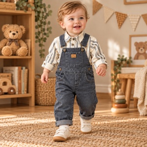 Compleu bebe baiat 2 piese, salopeta cu bretele si camasa in dungi