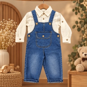 Compleu bebe baiat 2 piese, salopeta denim albastra cu bretele si camasa crem - Img 4