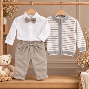 Compleu bebe baiat 4 piese, camasa, cardigan tricotat, pantaloni si papion, gri - Img 5