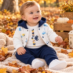 Compleu bebe baiat bumbac 3 piese cu masinute bleumarin jacheta body si pantaloni