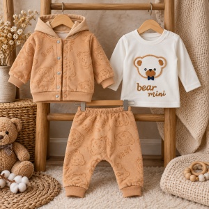 Compleu bebe baiat caramel 3 piese din bumbac cu ursulet si hanorac cu gluga - Img 2