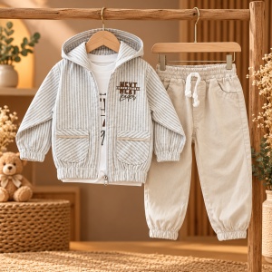 Compleu bebe baiat din bumbac cu geaca subtire, bluza si pantaloni, 3 piese - Img 3
