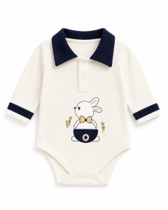Compleu bebe baieti 3 piese crem cu body iepuras pantaloni si vesta tricotata - Img 5