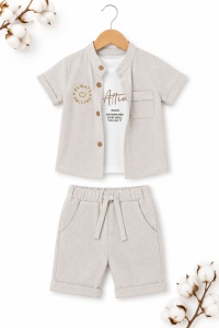 Compleu bebe baieti 3 piese din muselina gri cu tricou alb attitude - Img 2