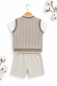 Compleu bebe baieti 3 piese elegant cu vesta crem si pantaloni scurti - Img 4