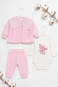 Compleu bebe fete 3 piese roz cu body floral si pantaloni din bumbac - Img 2