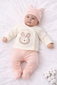 Compleu bebe fete 3 piese roz piersica cu iepuras si caciulita