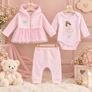 Compleu bebe fetita 3 piese, 100% bumbac, body cu balerina, pantaloni si jacheta cu gluga si tull, roz - Img 2