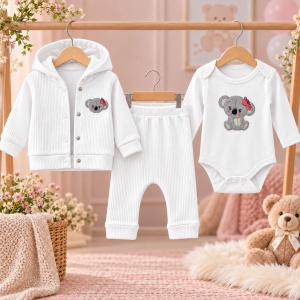 Compleu bebe fetita 3 piese, bumbac, body cu koala, jacheta cu gluga si pantaloni, alb - Img 2