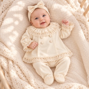 Compleu bebe fetita 3 piese crem cu dantela, pantaloni cu botosei si bentita