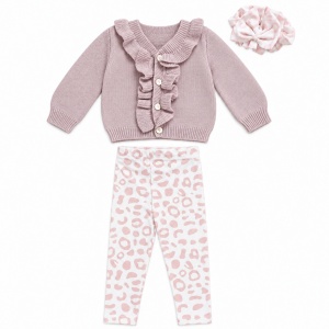 Compleu bebe fetita 3 piese, pulover din lana naturala, colanti animal print si bentita - Img 2