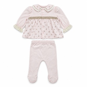 Compleu bebe fetita roz si ivory cu imprimeu floral, pantaloni si bentita, fotografie de produs pe fundal alb