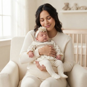 Compleu bebe fetita din bumbac cu bluza, pantaloni cu botosei si bentita, crem - Img 2