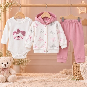 Compleu bebe fetite 3 piese din bumbac, body, hanorac cu fundite si pantaloni roz - Img 2