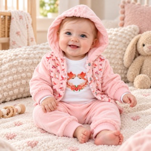 Compleu bebe fetite 3 piese din bumbac catifelat, body, hanorac cu pasarele si pantaloni roz