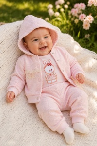 Compleu bebe fetite 3 piese roz cu hanorac body iepuras si pantaloni din bumbac