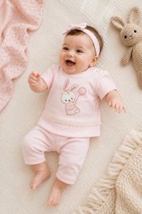 Compleu bebe roz din bumbac cu iepuras brodat si pantaloni 2 piese