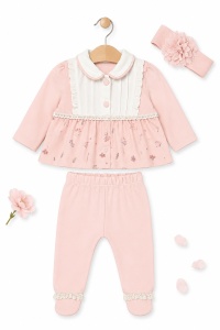Compleu elegant bebe fetita roz pudrat cu bentita si dantela 3 piese - Img 2