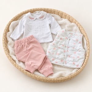 Compleu fetita 3 piese bumbac roz cu vesta fas florala si bluza cu guler, detaliu material si finisaje