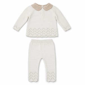 Compleu fetite 2 piese din bumbac 100%, bluza tricotata cu guler si floare, pantaloni, crem - Img 5