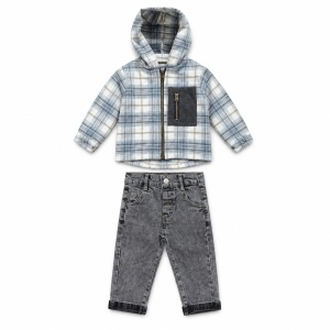 Costum baiat 3 piese bumbac 100% cu hanorac tip camasa in carouri, bluza si blugi, fotografie de produs pe fundal alb