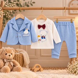 Costum bebe baiat 3 piese din bumbac, sacou, bluza cu maneca lunga si pantaloni, bleu - Img 2