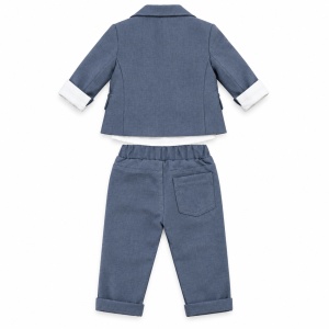 Costum bebe baiat albastru denim 3 piese cu sacou camasa si pantaloni elegant, fotografie de produs pe fundal alb