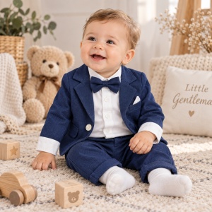 Costum bebe baiat bleumarin 3 piese sacou pantaloni body cu papion