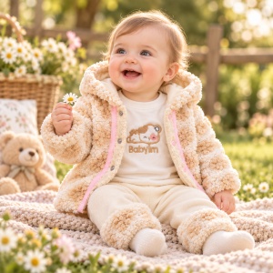 Costum bebe fetita 3 piese cu jacheta pufoasa, bluza si pantaloni crem cu detalii roz