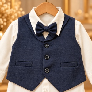Costum elegant baieti 4 piese din bumbac, camasa alba, vesta si pantaloni bleumarin, papion - Img 6