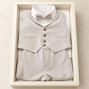 Costum elegant baieti 4 piese din bumbac, camasa alba, vesta si pantaloni bej, papion - Img 5