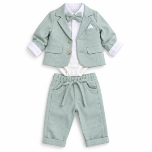 Costum elegant bebe baiat 3 piese verde menta sacou pantaloni body cu papion, fotografie de produs pe fundal alb