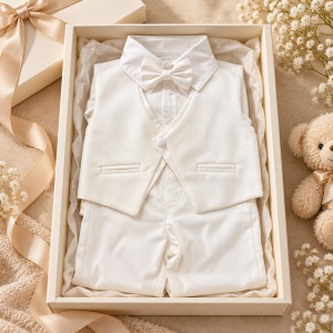 Costum elegant bebe baiat 4 piese din bumbac alb cu vesta si papion - Img 6