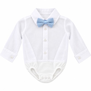 Costum elegant bebe baieti 3 piese bleu cu sacou, pantaloni si body cu papion, fotografie de produs pe fundal alb