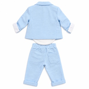 Costum elegant bebe baieti 3 piese bleu cu sacou, pantaloni si body cu papion, fotografie de produs pe fundal alb