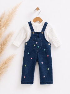 Costumas bebe fetita 2 piese salopeta denim cu floricele si bluza bumbac - Img 3
