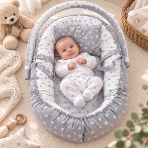 Cuib pentru nou-nascuti din bumbac, model stelute gri, baby nest 50x70 cm