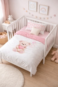 Lenjerie patut bebe fetite 3 piese bumbac 100% set patut copii cu husa pilota, cearsaf si fata perna ursulet