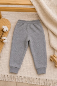 Pantaloni sport premium pentru copii din bumbac gri cu buzunare si snur reglabil - Img 3