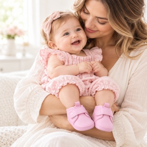 Pantofiori bebe roz din piele ecologica cu arici si inimioara brodata - Img 2