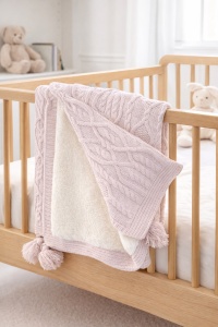 Patura bebe lana de oaie roz pufoasa 95x85 cm pentru patut carucior si dormit