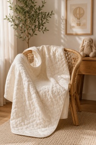 Paturica bebe ivoire cu inimioare embosate 100x100 cm pufoasa moale pentru nou nascut