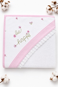 Prosop bebe cu gluga 80x90 cm, bumbac, alb si roz, broderie Be Happy - Img 2