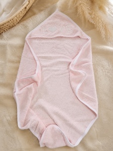 Prosop bebe cu gluga din bumbac roz cu broderie LOVE, 80x90 cm - Img 2