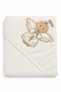 Prosop bebe ivoire cu gluga pentru botez bumbac moale broderie ingeras 80x90 cm - Img 2
