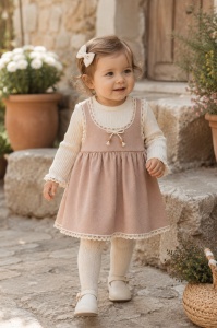 Rochie bebe eleganta roz pudra cu muselina si dantela pentru fetite aniversare si evenimente