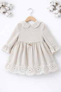Rochie bebe fetita bej din in cu dantela si guler elegant - Img 2