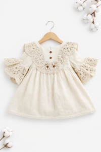 Rochie bebe fetita din in cu dantela bej eleganta pentru primii pasi, fotografie de produs pe fundal alb
