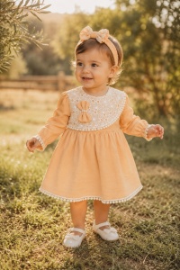 Rochie bebe fetita din muselina piersica cu dantela si bentita pentru botez aniversare